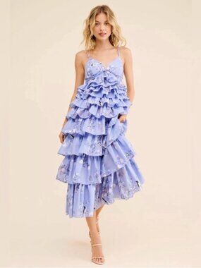 Anthropologie Geisha Designs Sleeveless Floral Tiered Ruffle Bird Midi Dress